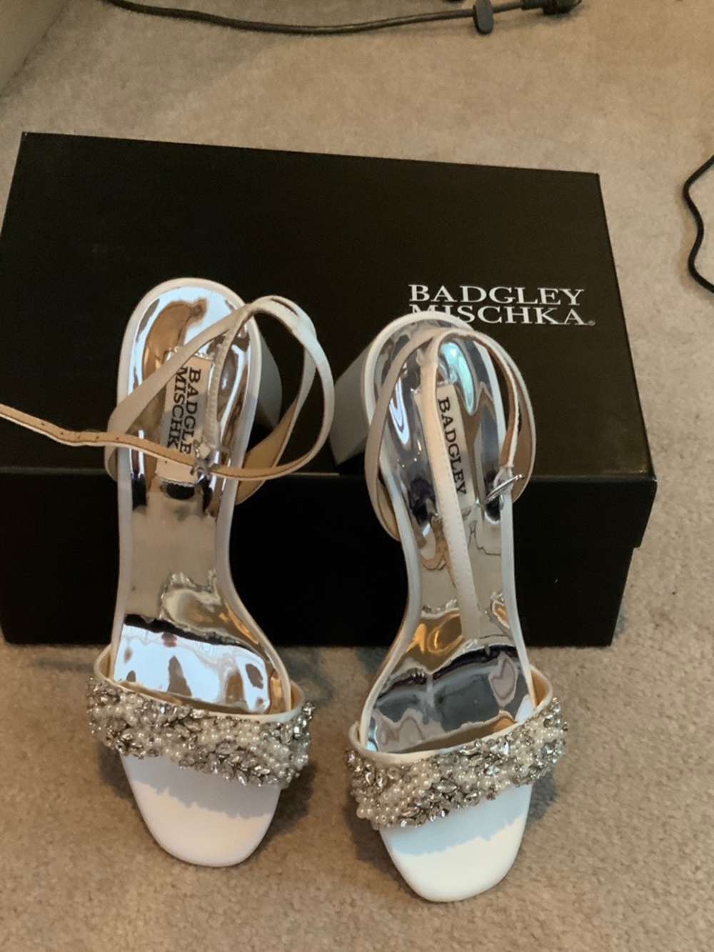 Badgley Mischka White Crystal Beaded Ankle-Strap Heels